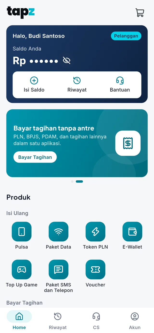 Tampilan beranda aplikasi Tapz
